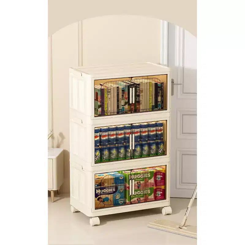 3-Tier Plastic Folding Storage Cabinet with Magnetic Doors & Wheels, White, for Small Spaces