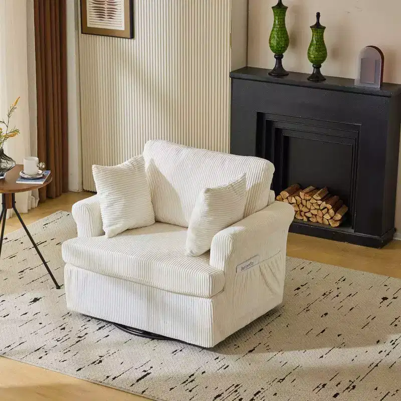 Beige Corduroy Living Room Swivel Barrel Accent Chair