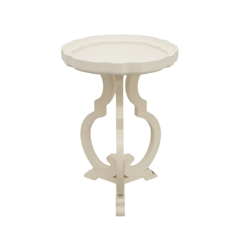 Natural Wood Round Side Table, Scalloped Tray Top, Curved Legs, Single