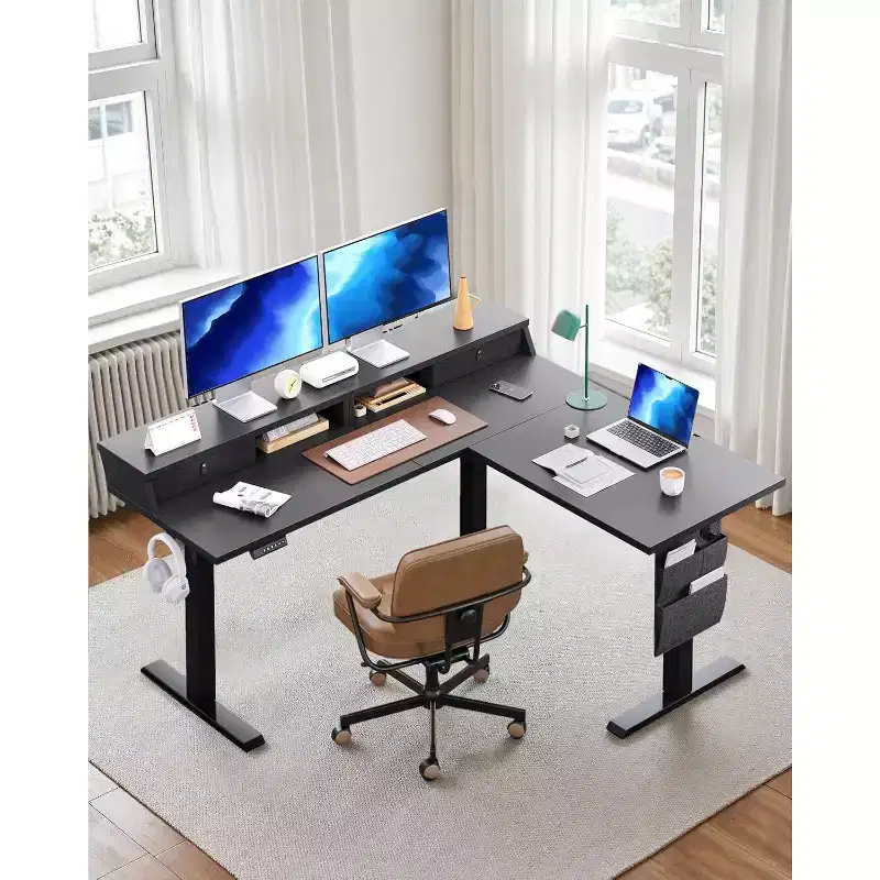 L Shaped Electric Standing Desk, 63 Ergonomic Corner Height Adjustable Desk with Drawers, Sit Stand Computer Table with Storage for Work Office Home