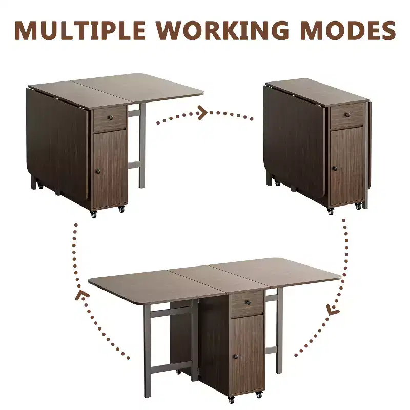 59'' Folding Table No Assembly Required, Rectangular Wooden Extendable Dinning Table With Wheels And Storage