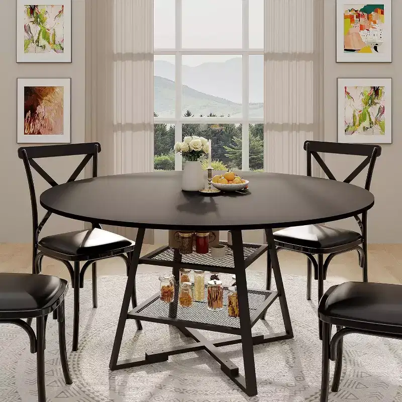 Round Dining Table for 4, 42 Inch Kitchen Table with Storage Shelf, High Top Farmhouse Design Wood & Metal, Family Dining Table for 4-6 People