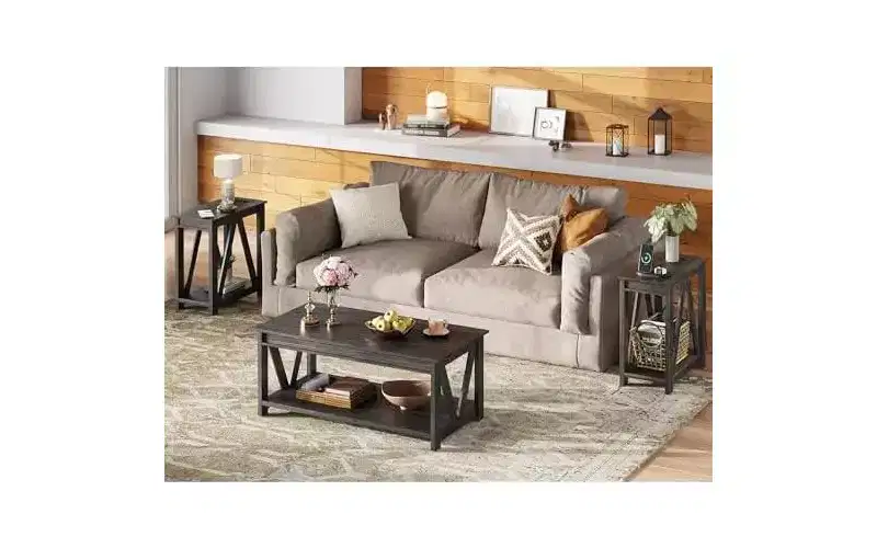 DEXYLLO End Tables Living Room Set of 2 with Charging Station, Sofa Side Tables with Open Storage Shelf, Slim Farmhouse End Table Sets