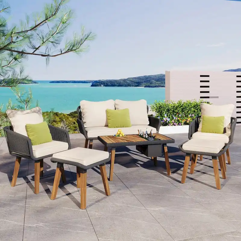 6-Piece Rope Patio Furniture Set with Acacia Wood Cool Bar Table