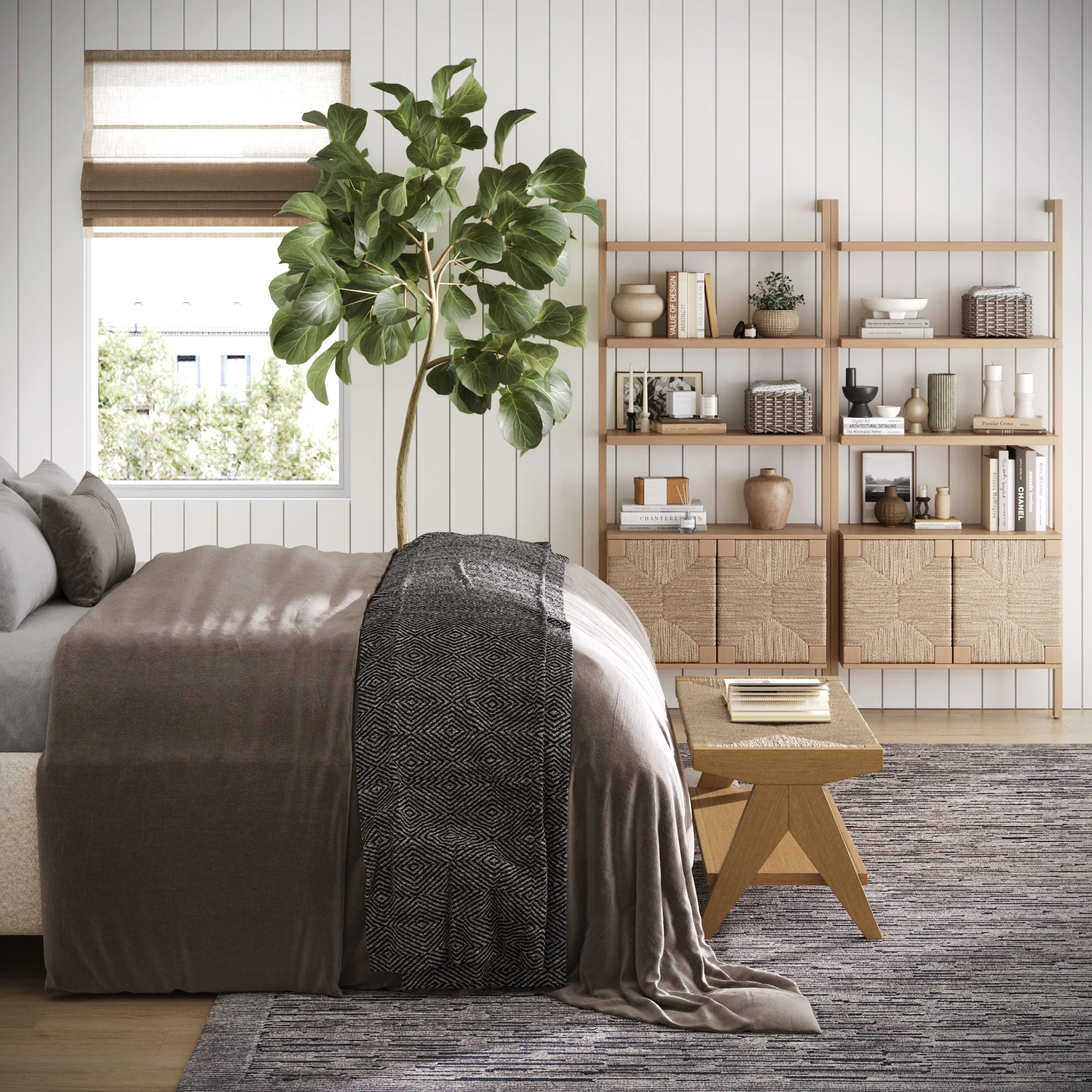 Seagrass Wall Bookshelf with Doors Raw Oak