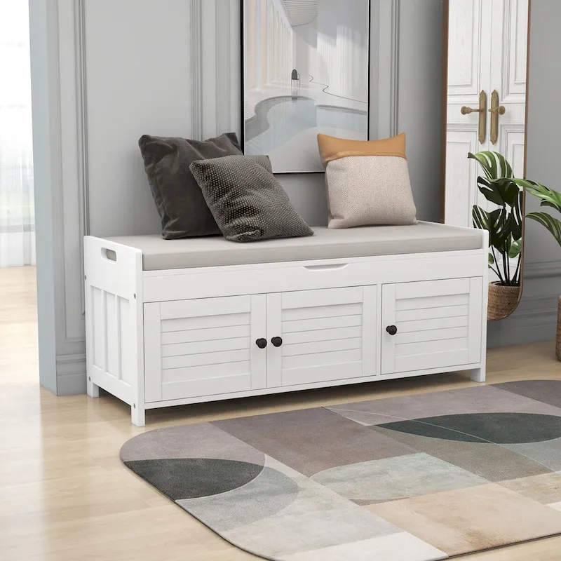 Rustic 3-Door Storage Bench with Removable Cushion and Hidden Compartment – Antique Navy / Gray Wash / White / Espresso, 2-Person Use