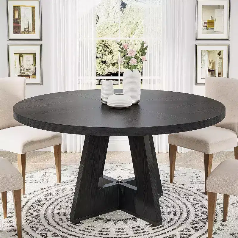 Farmhouse Wood Large Round Dining Table with Cross Base,Wooden Kitchen Dinner Table for Dining Room,Breakfast Nook
