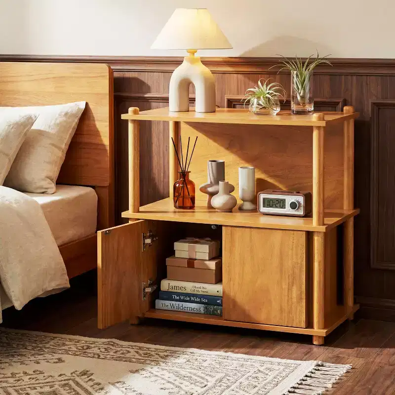 Christopher Knight Home Sawyer Modern Wood Nightstand with Storage Cabinet and Open Shelves