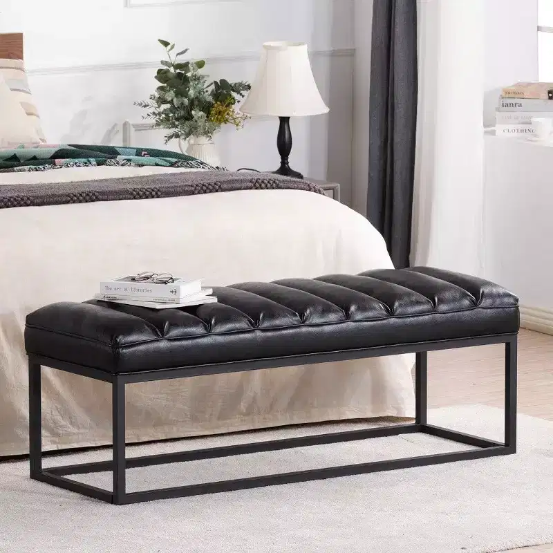 TUYOHW 54 Inch Upholstered PU Leather Bench with Metal Base,Modern Entryway Bench for Bedroom Living Room