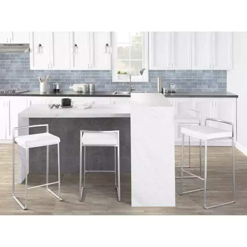 LumiSource Set of 3 Fuji Stacker Barstools Stainless Steel/White Velvet