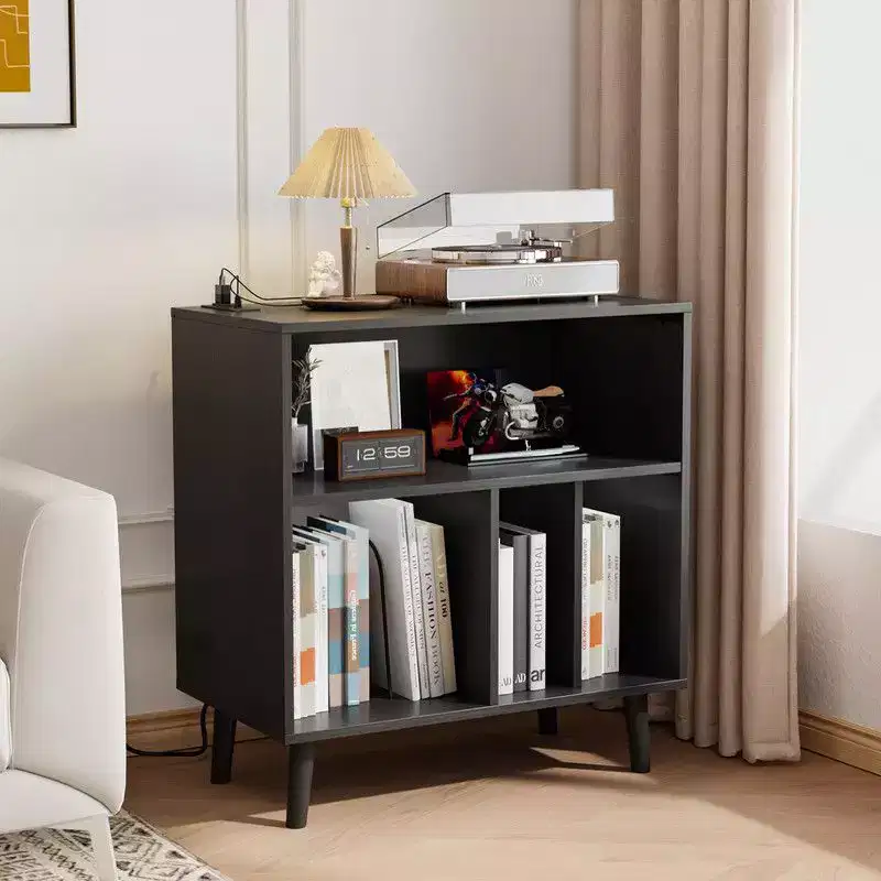 Karl Home Large Record Player Stand Storage with LED Lights  Charging Station