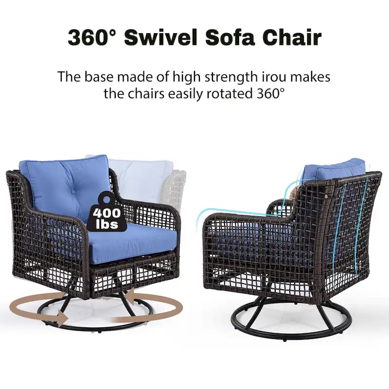 4-Piece Rattan Conversation Sofa Set with Swivel Chairs & Table