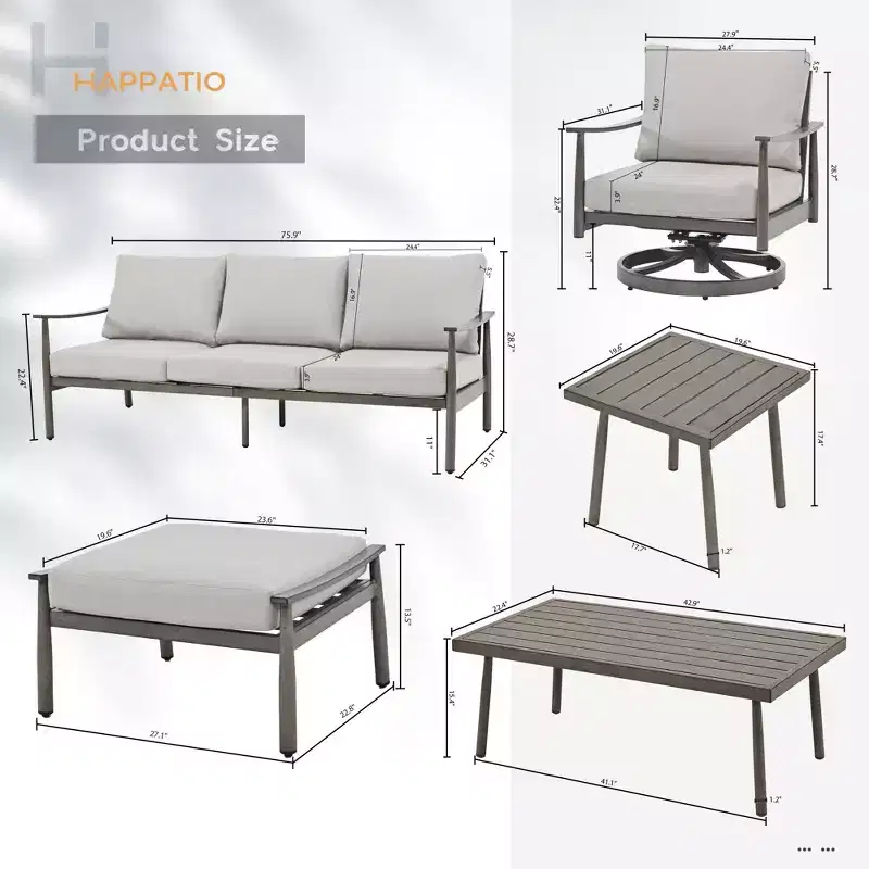 HAPPATIO 7 Pieces Aluminum Outdoor Conversation Set Includes 1 Three-Seater Sofa, Side Table, Coffee Table, 2 Swivel Chairs and Ottomans