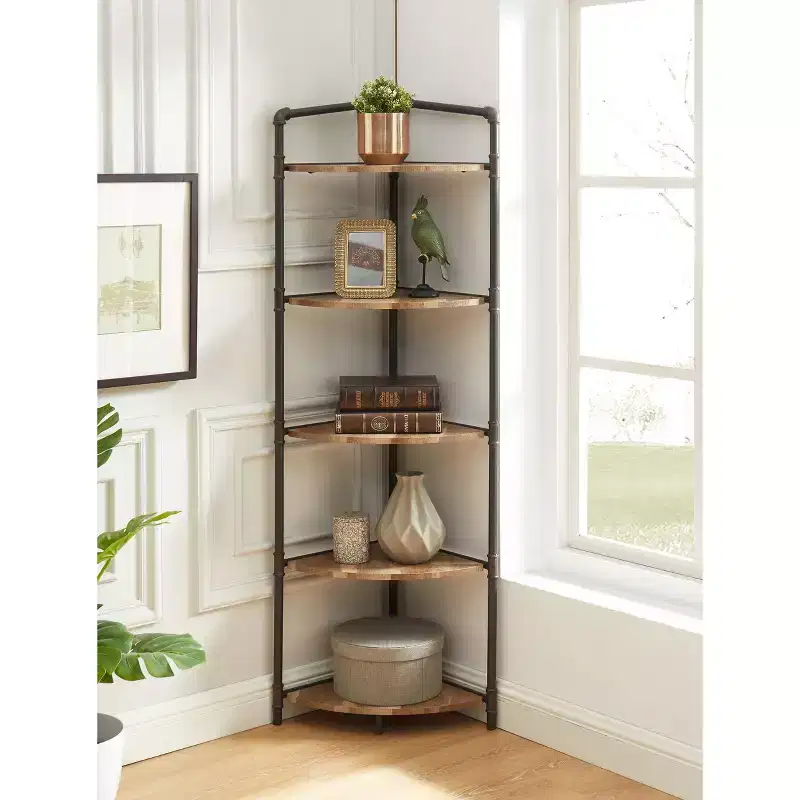 24/7 Shop At Home 63.75" Beeme 5 Tier Corner Bookshelf Sand Black/Light Pure Copper: Industrial Style MDF Storage
