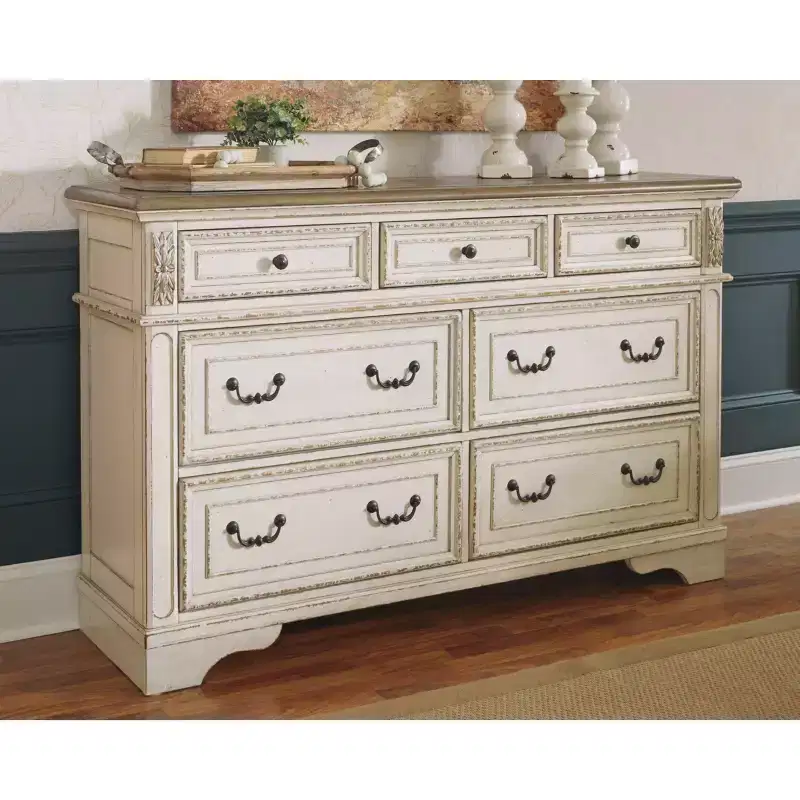 7-Drawer Dresser Chipped White – Cottage Style, Wood Composite Frame
