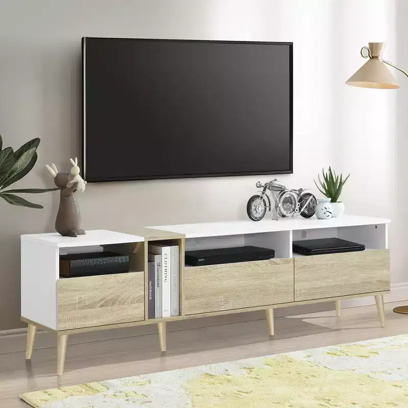 Modern TV Stand with Drawers for 80 TV, Media Console Table with Storage, TV Storage Cabinet with Open Shelves for Living Room, White
