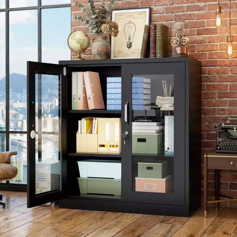 Steel Storage Cabinet, Black, 2-Door Glass with Pre-Drilled Holes