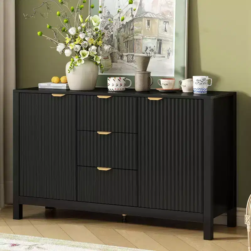 Okak Wave Design Sideboard Buffet, Storage Cabinet with Soft-Close Doors & 3 Drawers, Console Table for Kitchen Living Room Study