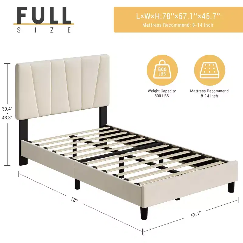 Bed Frame, Upholstered Full Size with Adjustable Headboard - Velvet Tufted Platform Bedframe, No Box Spring Needed, Beige
