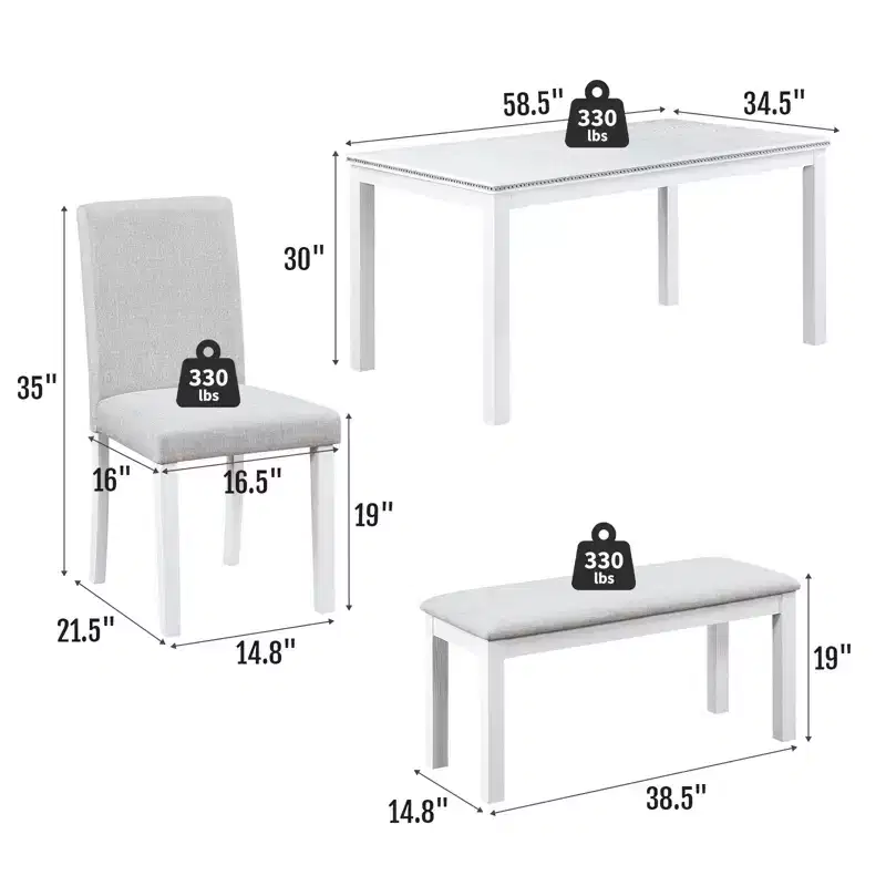 Zevemomo 6-Piece Solid Wood Dining Table Set,Including 1 Dining Table,4 Upholstered Chairs and 1 Bench,for Kitchen, Dining Room,White Diamond