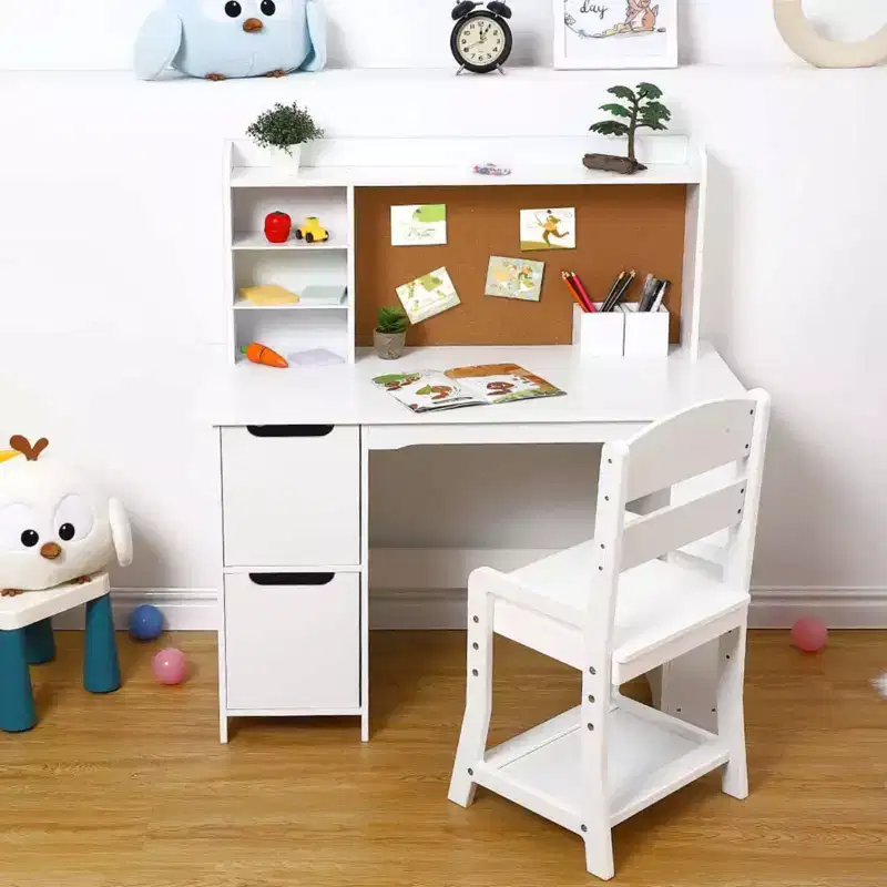 GustoWave Kids Desk and Chair Set with Bookshelf & Cork Board, Wooden Study Table with Storage for Children Ages 3-8, White