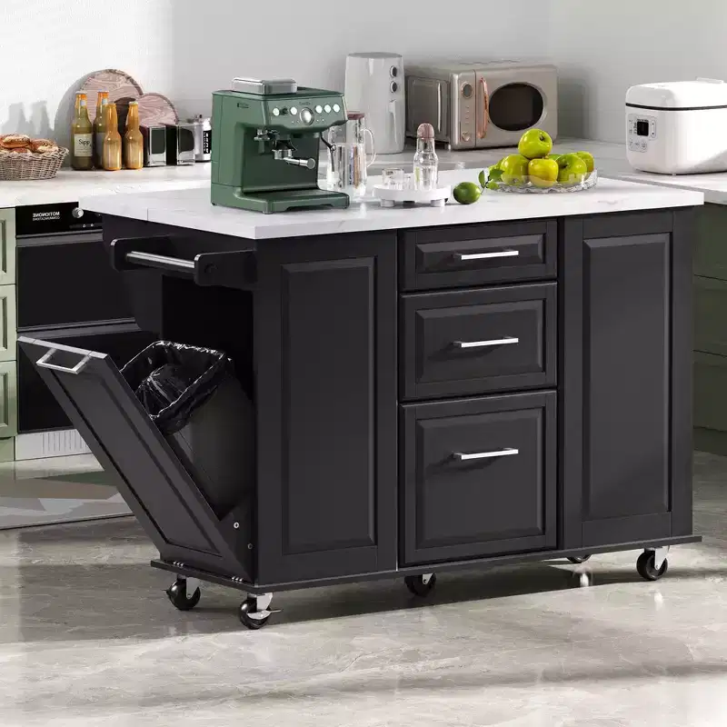 Okak Modrn Kitchen Island with Drop Leaf & Pull Out Trash,Rolling Kitchen Cart with Wheels & Drawers,Storage Cabinet Folding Dining Table