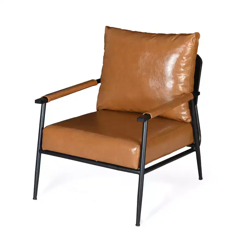 Mid-Century Modern Faux Leather Upholstery Accent Lounge Chair with Padded High Backrest and Metal Frame - Brown
