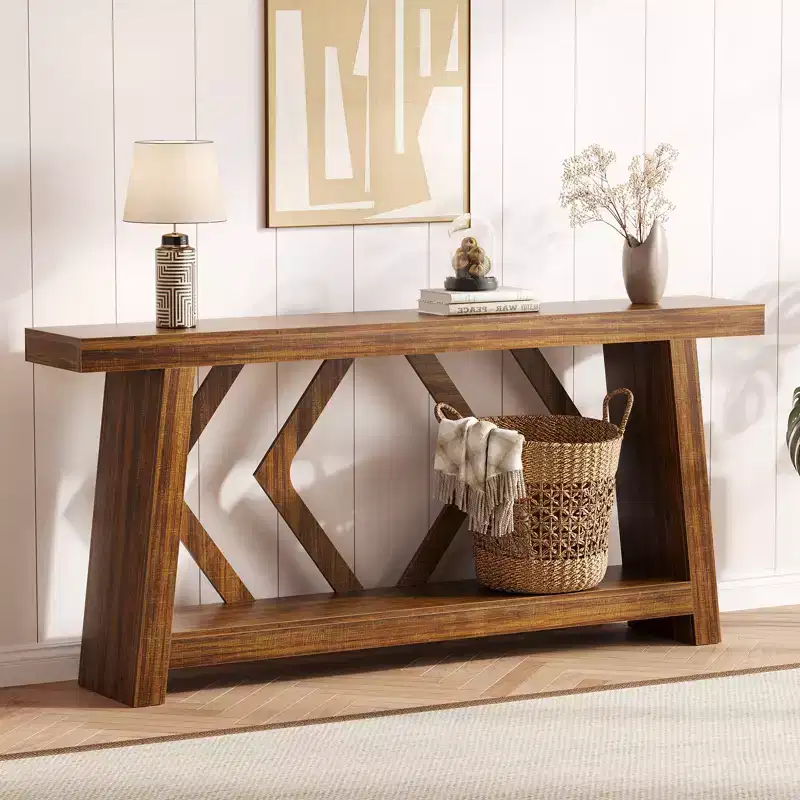 70.9 All-Wood Console Table - 2-Tier Narrow Entryway & Hallway Table - Rustic Brown Farmhouse Sofa Table with Trapezoid Legs