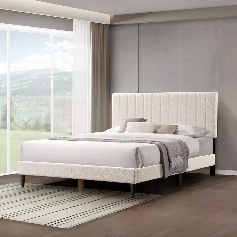 Queen Size Velvet Upholstered Bed Frame, Vertical Channel Tufted Wingback Headboard, Wooden Slats Support Platform, No Box Spring needed White