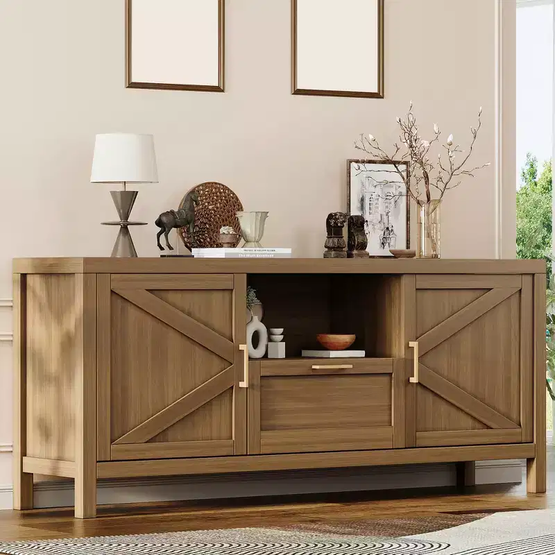 Farmhouse TV Stand for 55/65 TVs, 59 Entertainment Center with 2 Door Cabinets & Adjustable Shelves, Walnut Media Console for Living Room