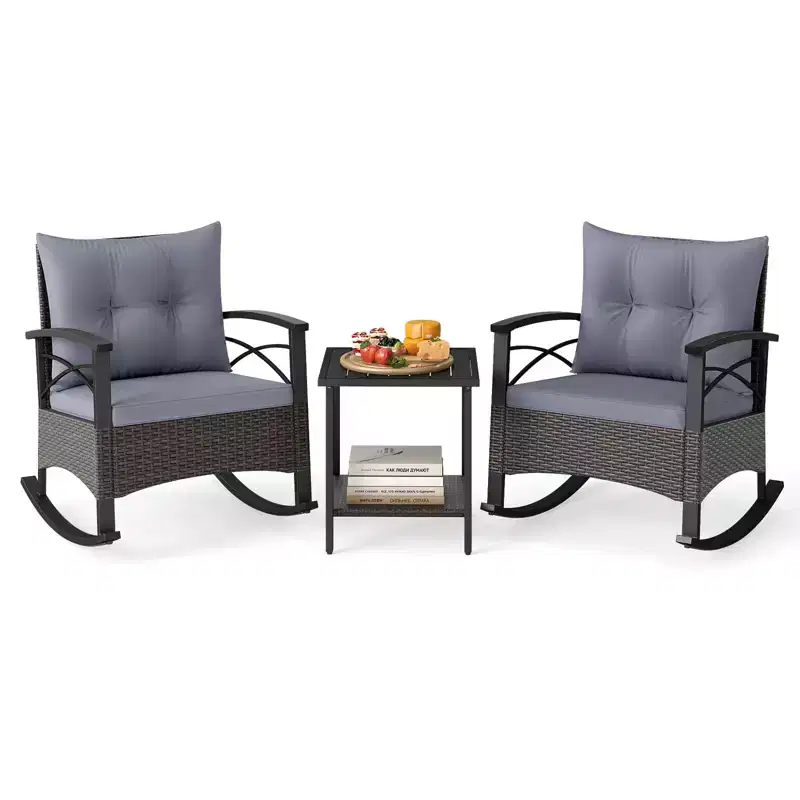 Costway 3 PCS Patio Rocker Set with 2-Tier Coffee Table & Soft Seat Back Cushions Outdoor
