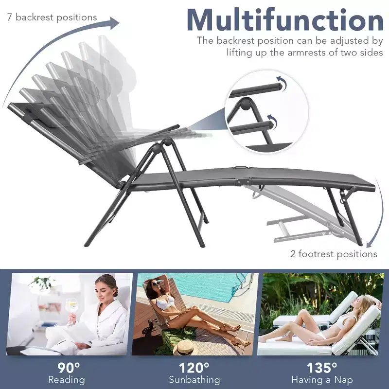 Costway Patio Chaise Lounge Chair Recliner Aluminum Adjustable Headrest Pillow
