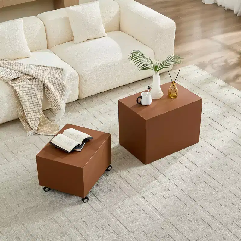 GDFStudio Verdan Modern 2 Piece Saddle Leather and Wood Rectangle Accent Table Set