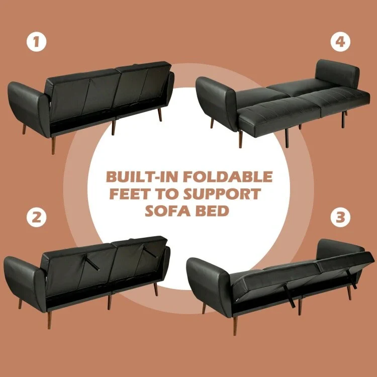 Convertible Sofa Bed with Adjustable Backrest and Faux Leather Upholstery