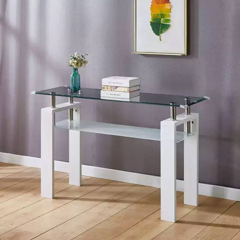 Modern Console Table with Tempered Glass Top, Entryway Table with Storage Shelf, Accent Table for Living Room, Hallway, Foyer, White