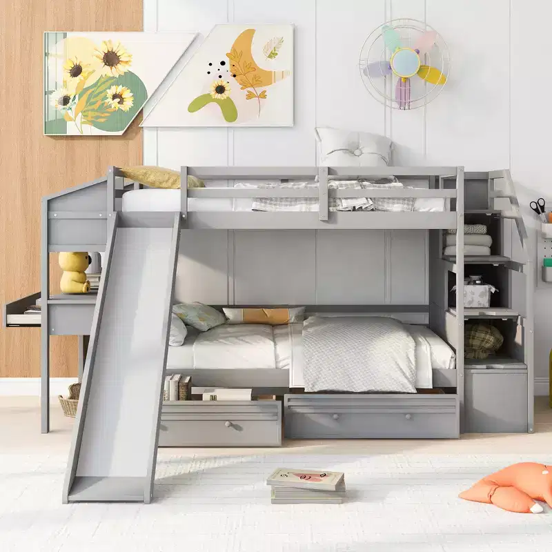 Twin over Twin Bunk Bed with Storage Staircase, Slide, Drawers, and Desk with Drawers and Shelves