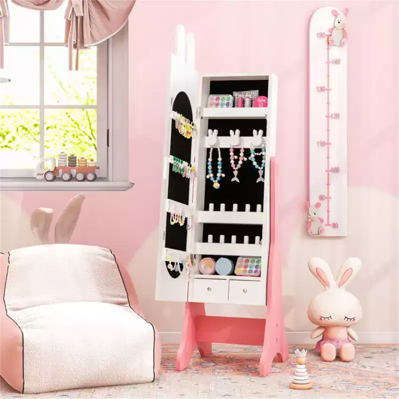 Kids White Vanity Set Princess Makeup Dressing Table And Chair Set With Jewelry Armoire
