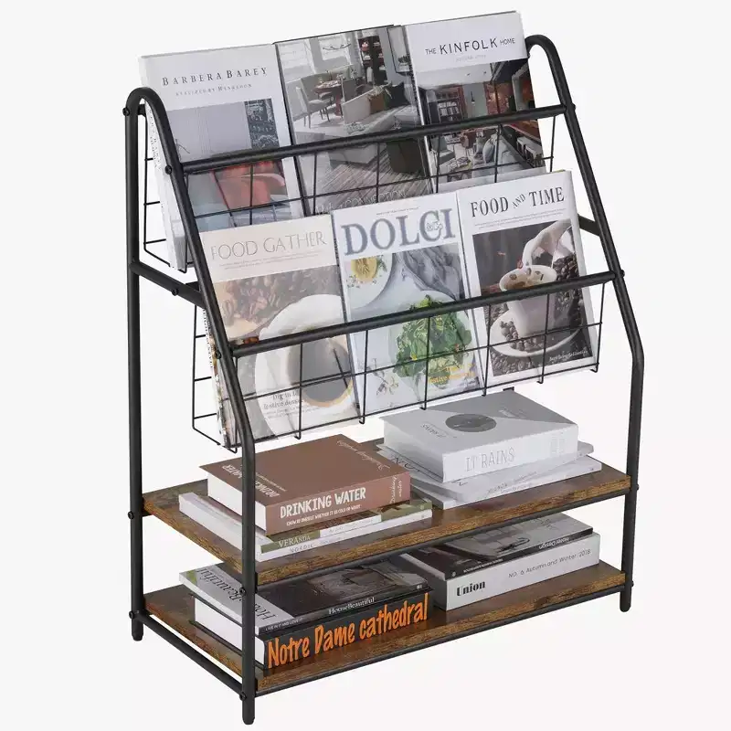 2-Tier Metal Frame Freestanding Bookshelf & Magazine Rack for Small Spaces