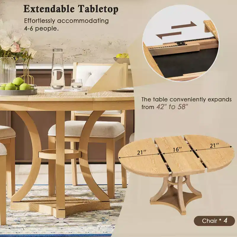 Merax Stylish 5-Piece Retro Dining Set with Extendable Round Table & 4 Upholstered Chairs