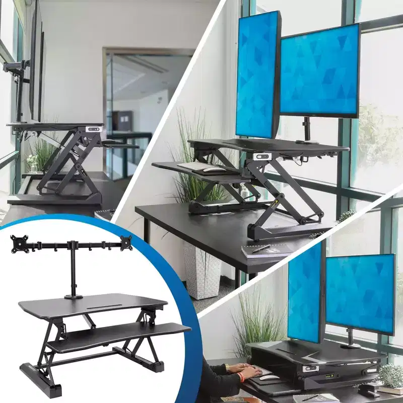 Electric Stand Up Desk Converter with Dual Monitor Arm - Motorized Desktop Standing Desk Riser