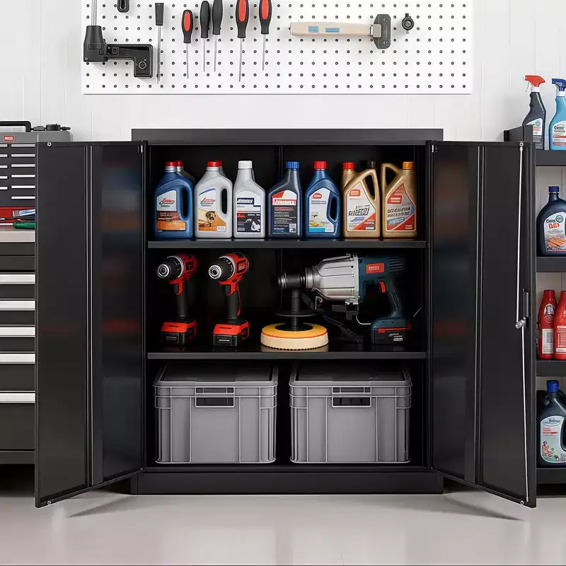 VEVOR Metal Storage Cabinet, 41.7 in Steel Garage Cabinet with 2 Adjustable Shelves, 2 Magnetic Doors & 2 Keys, 3 Tiers Lockable Tool Storage, Black