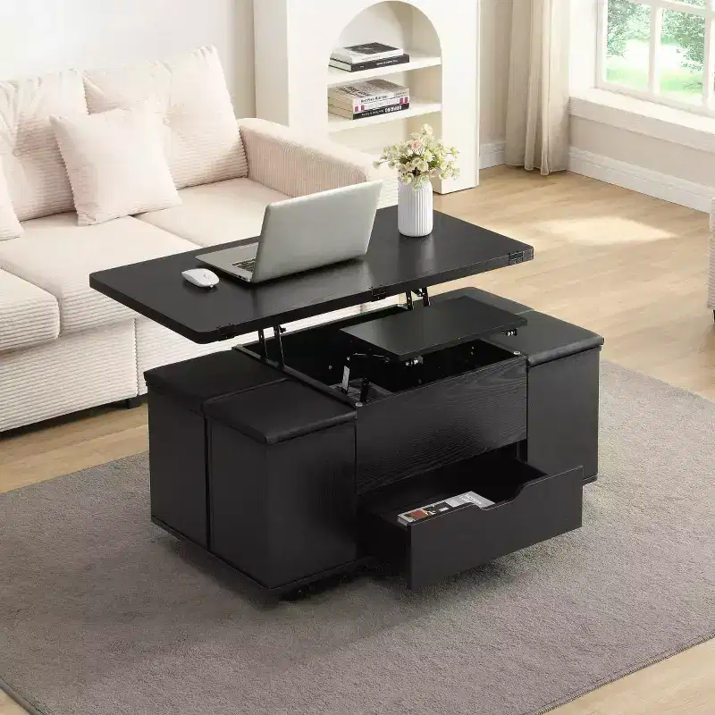 Modern Lift-Top Coffee Table with Storage and Stools, Multifunctional Mobile Center Table for Small Living Rooms or Apartments