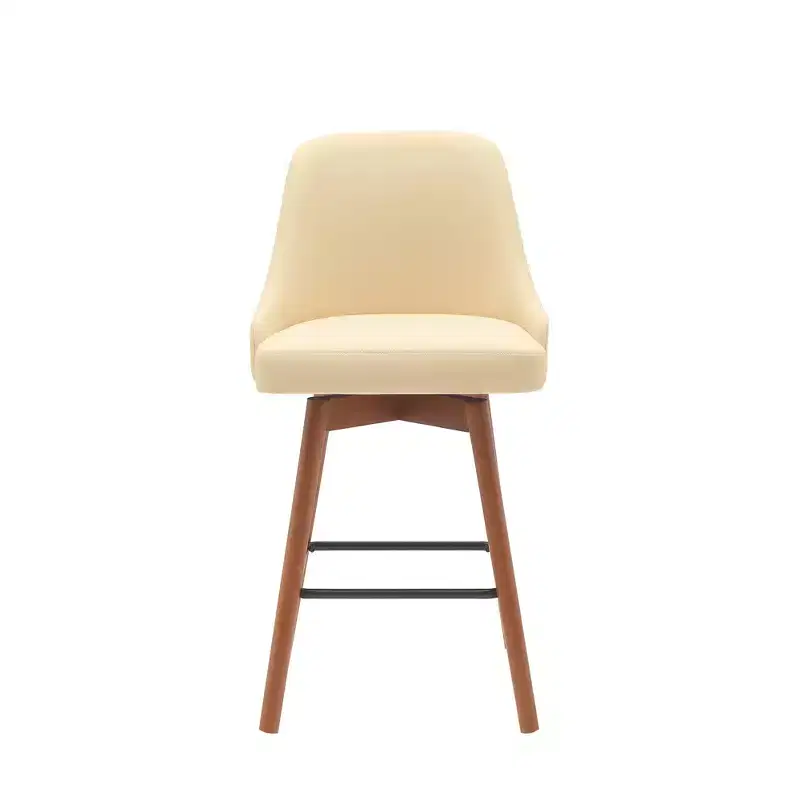 HomeRoots 26 Cream and Wood Brown Faux Leather with Solid Wood Swivel Counter Height Bar Chair