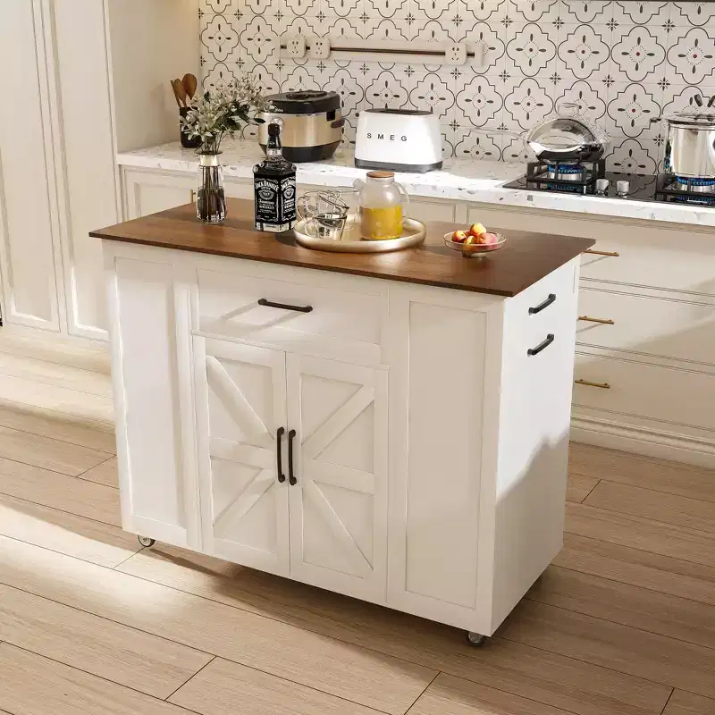 Okak Kitchen Island with Storage and Power Outlet, Kitchen Cart with Wood Top and Adjustable Shelf, Kitchen Island Table for Dining Room, White+Walnut
