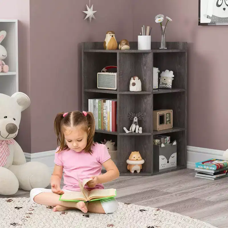 Costway 3-Tier Kids Corner Toy Storage Organizer with USB Ports and Outlets 9 Cubbies Grey/White