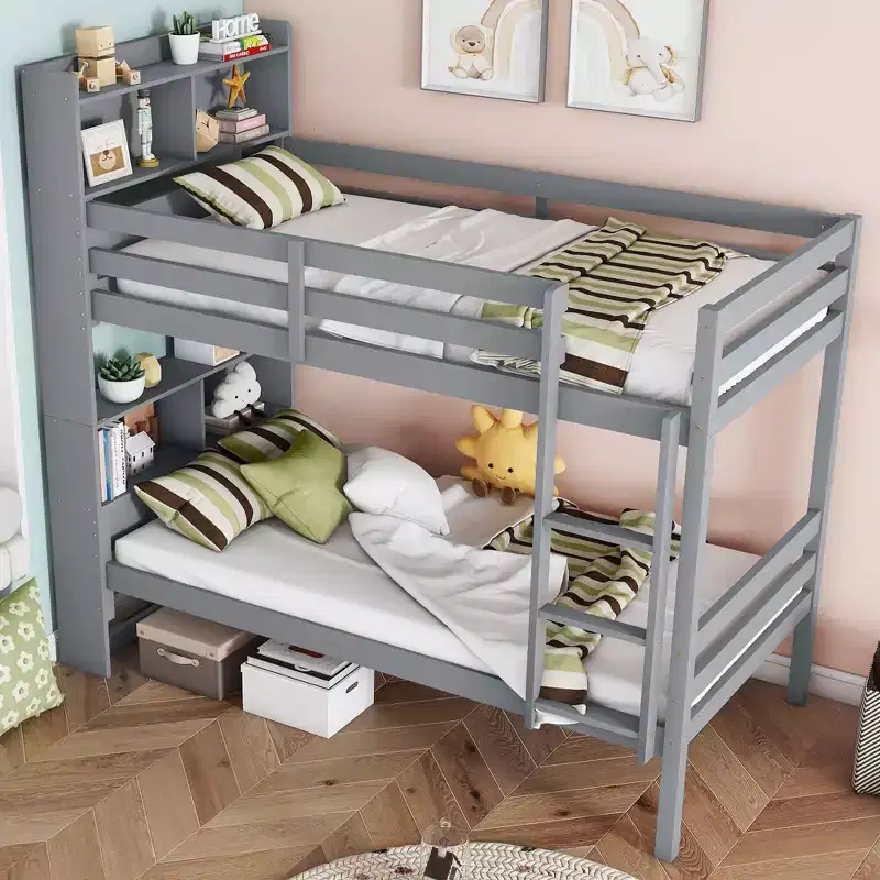 Twin over Twin Bunk Bed with Storage Shelves, Rubber Wood Kids Bunk Beds with Safety Guardrails and Ladder, Twin Bed for Bedroom
