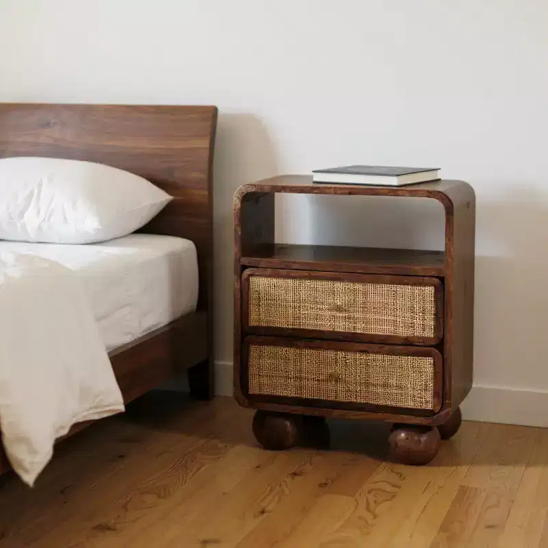 22 Chestnut And Natural Solid Wood Cane Rattan Two Drawer Nightstand