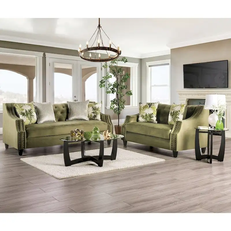 Transitional Olive Green Microfiber Tufted Sofa – Nailhead Trim, Solid Wood Frame, Seats 3