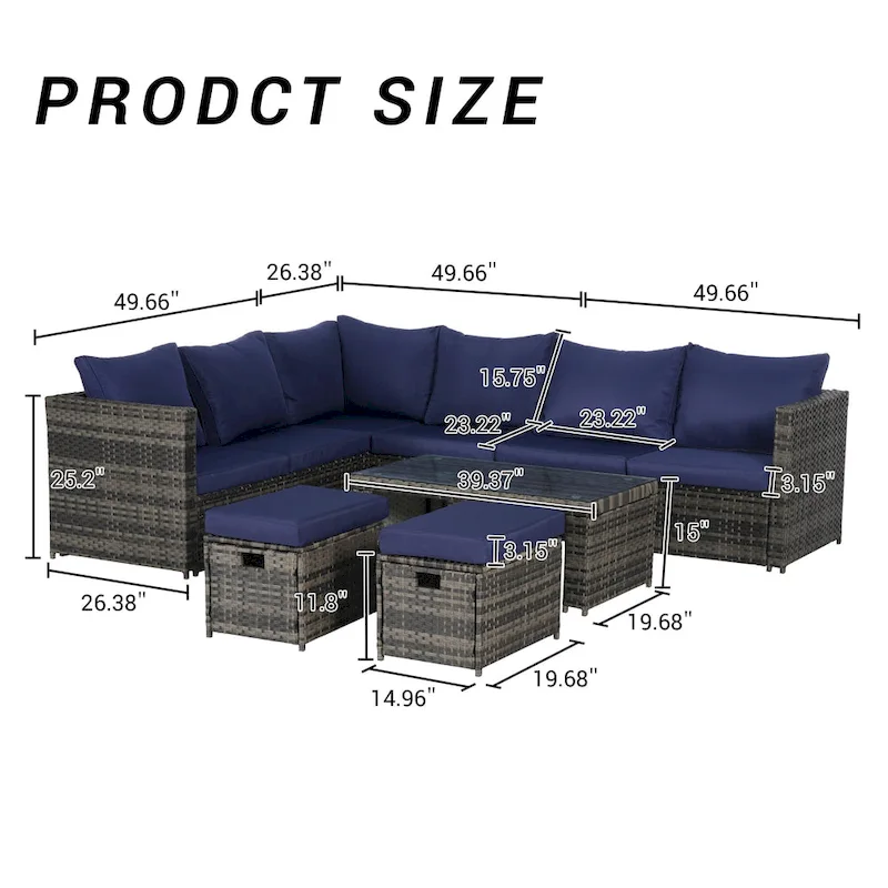 6-Piece Rattan Sectional Sofa Set with Glass Table