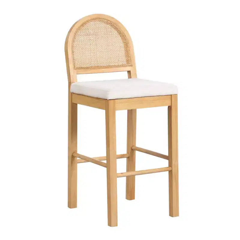 Curved Back Counter Height Barstool Natural Wood Oak Rattan Cream Boucle: Upholstered, 300lb Capacity